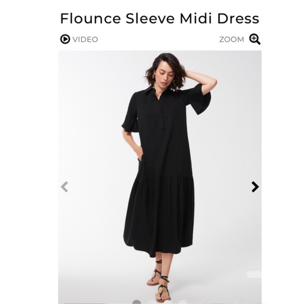 Chicos Flounce Sleeve Midi Dress Black Rayon Tiered Shirt Dress 2 US 12